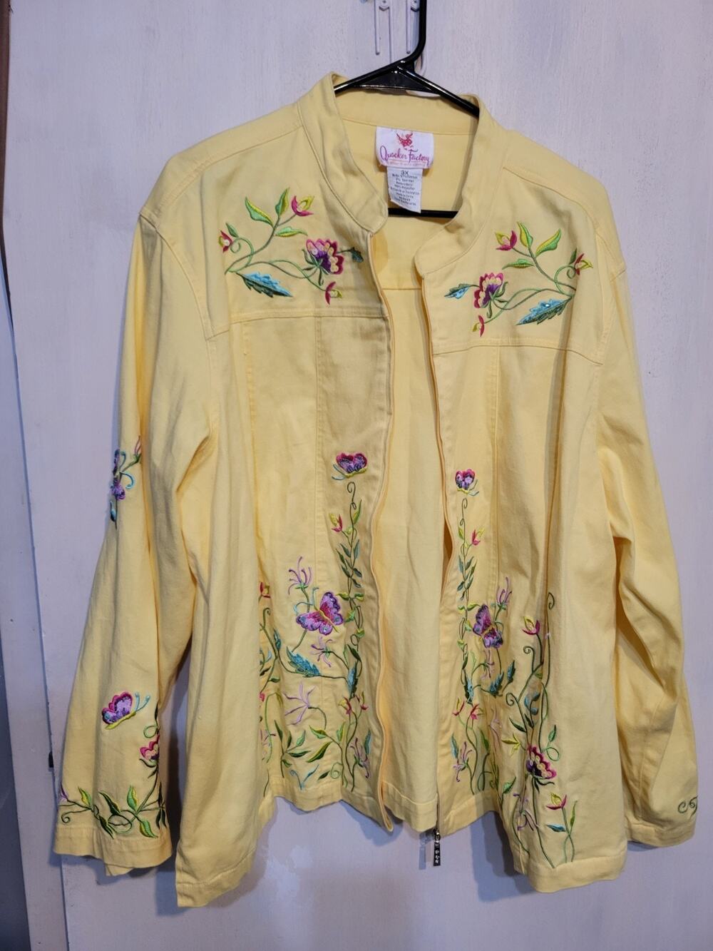Quacker Factory 3X Jacket Zip Yellow Embroidery Flowers Stretch QVC EuC